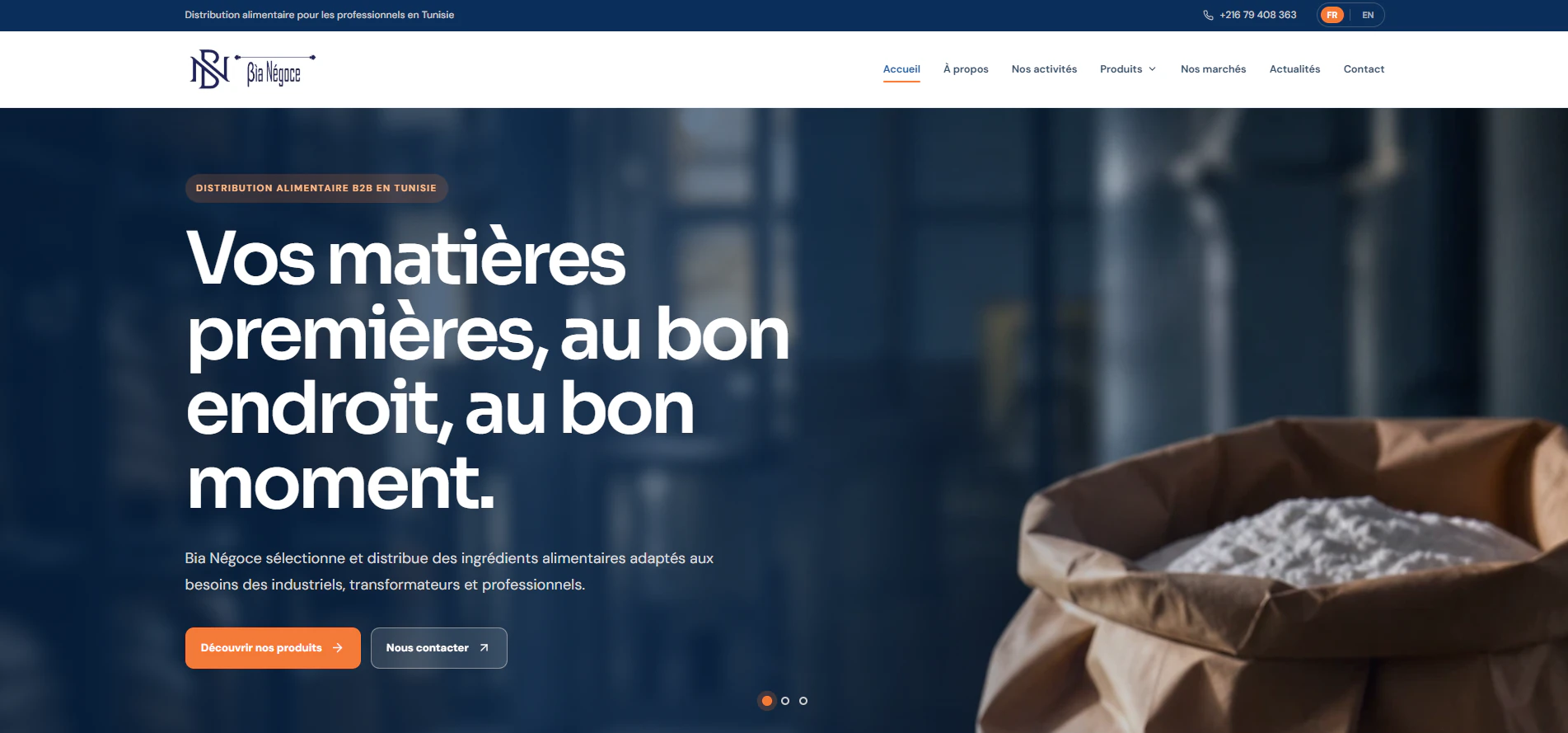 Page d’accueil du site de BIA Négoce